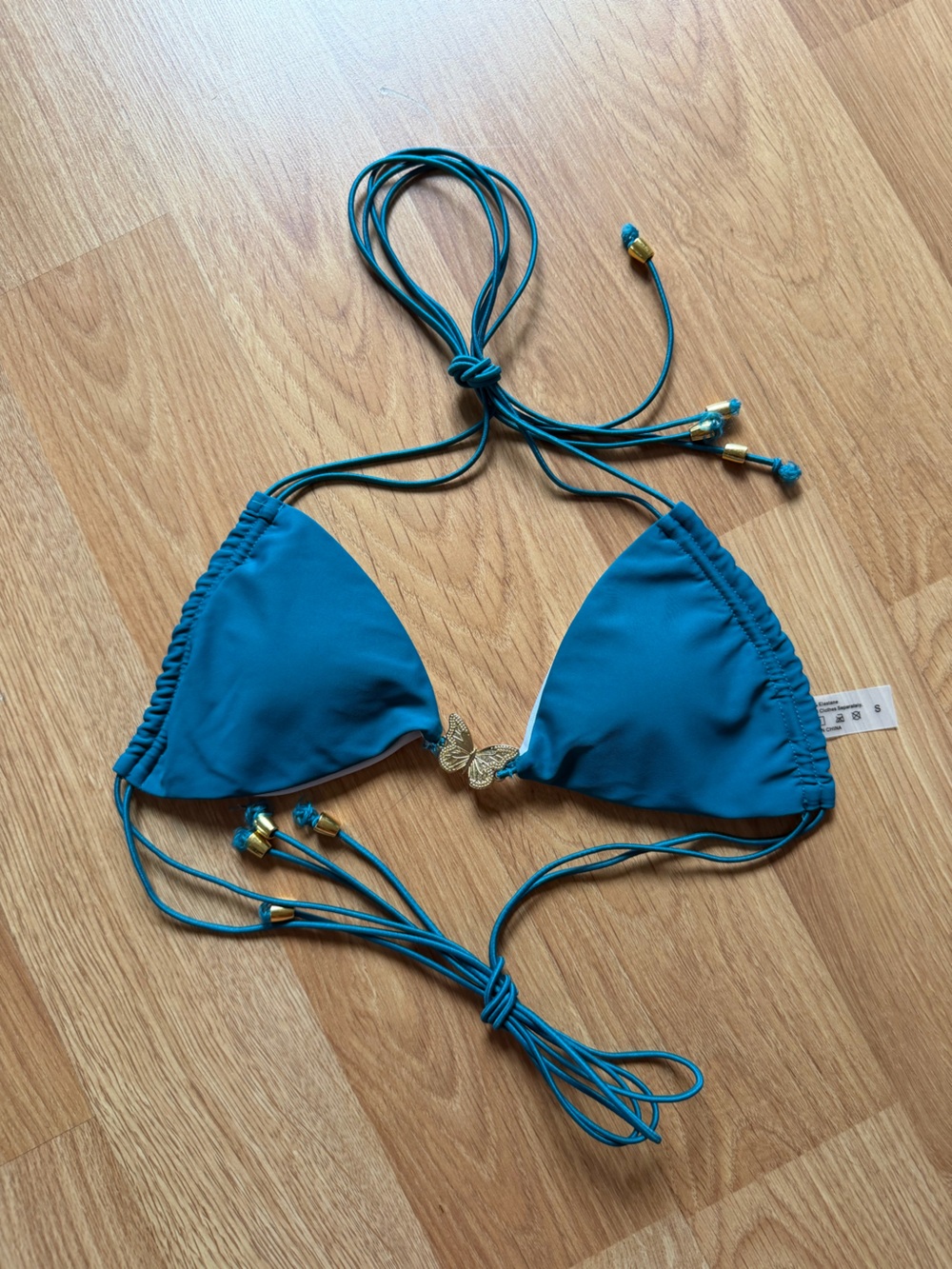 SHEIN Teal Triangle Bikini Top with Gold Butterfly Accent